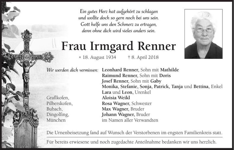 Traueranzeige Irmgard Renner