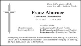 Traueranzeige Franz Ahorner
