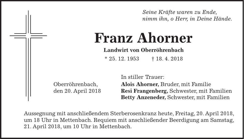 Traueranzeige Franz Ahorner