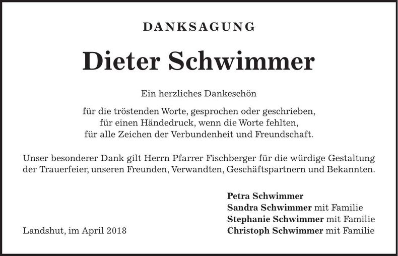 Traueranzeige Dieter Schwimmer