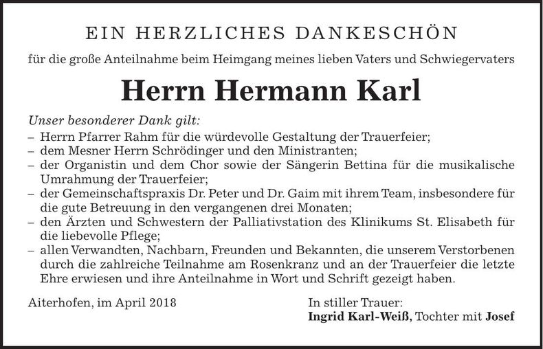 Traueranzeige Hermann Karl