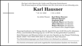 Traueranzeige Karl Hausner