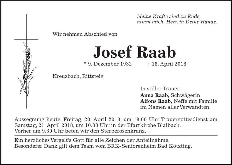 Traueranzeige Josef Raab