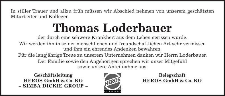 Traueranzeige Thomas Loderbauer