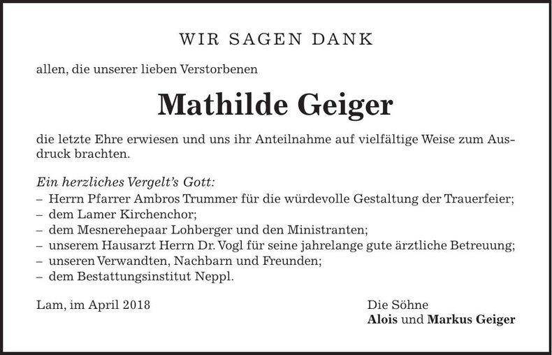 Traueranzeige Mathilde Geiger