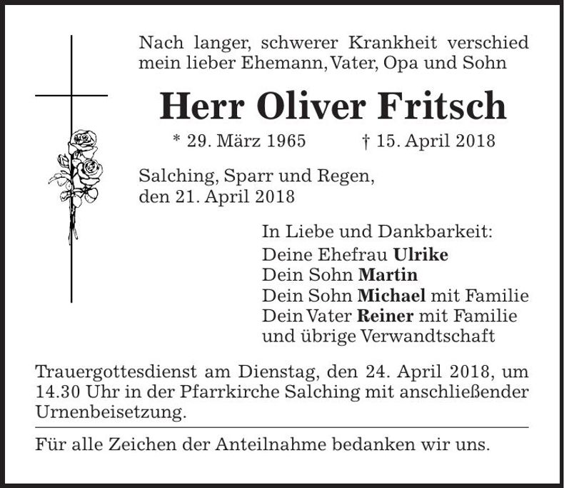 Traueranzeige Oliver Fritsch