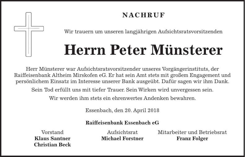 Traueranzeige Peter Münsterer