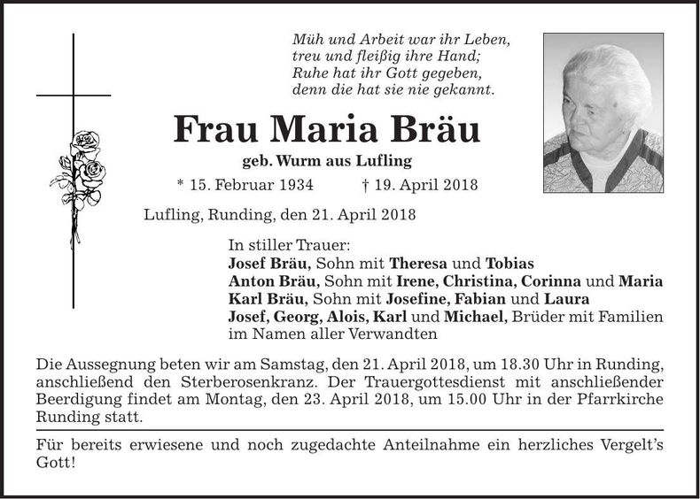 Traueranzeige Maria Bräu