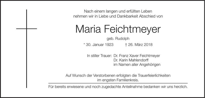 Traueranzeige Maria Feichtmeyer