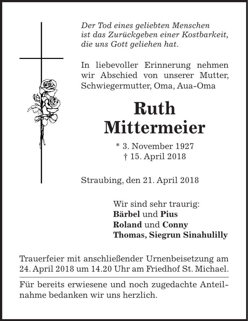 Traueranzeige Ruth Mittermeier