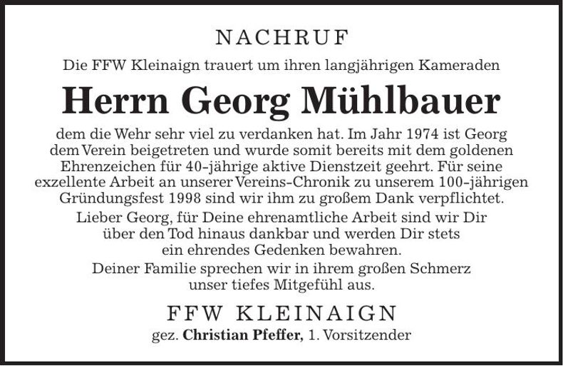 Traueranzeige Georg Mühlbauer