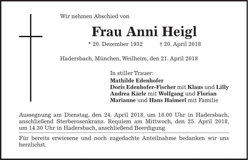 Traueranzeige Anni Heigl