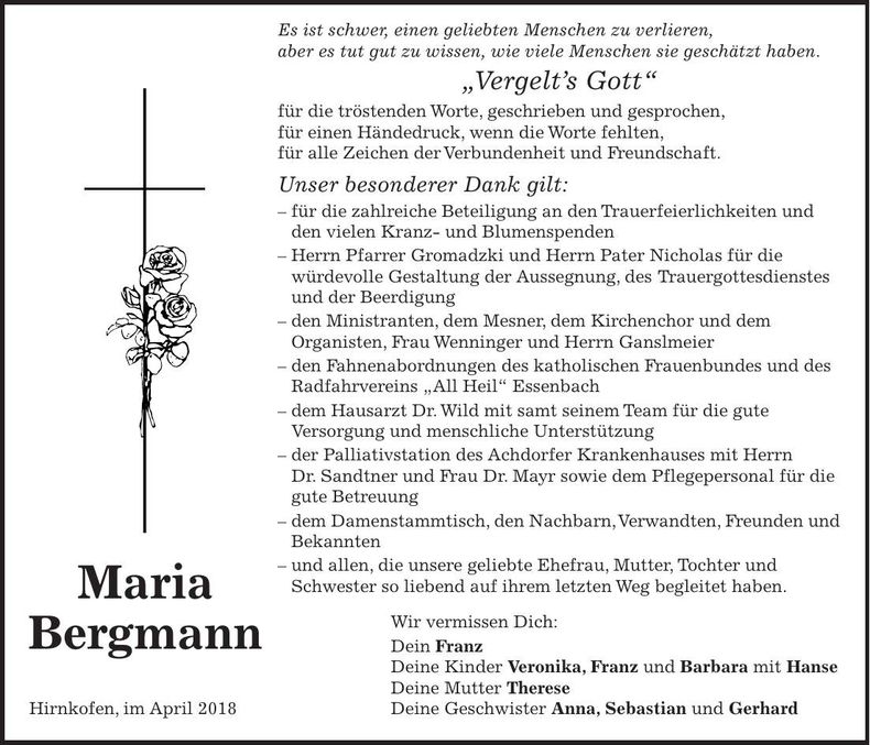 Traueranzeige Maria Bergmann