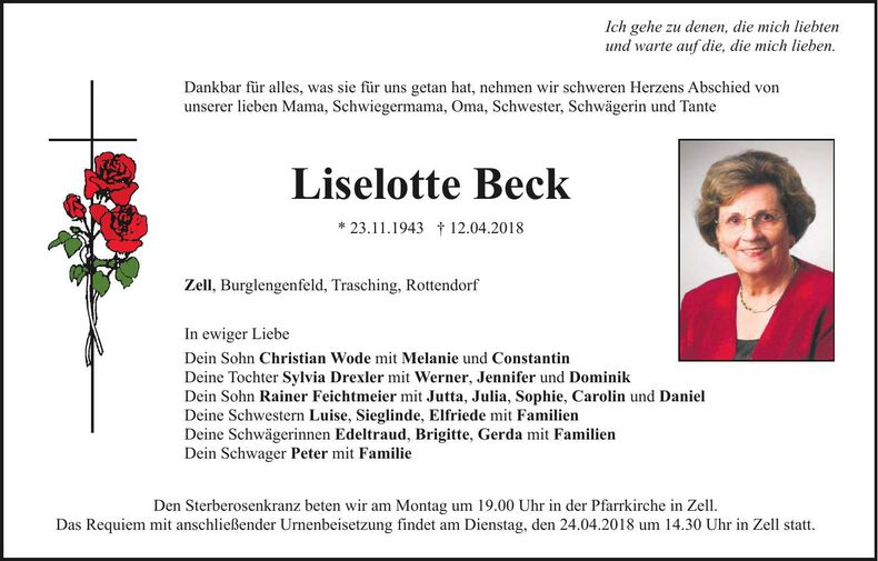 Traueranzeige Liselotte Beck