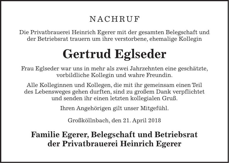 Traueranzeige Getrud Eglseder