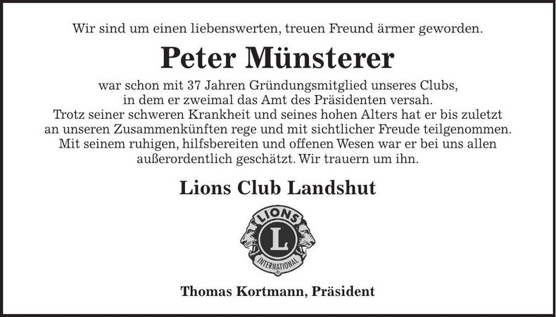 Traueranzeige Peter Münsterer