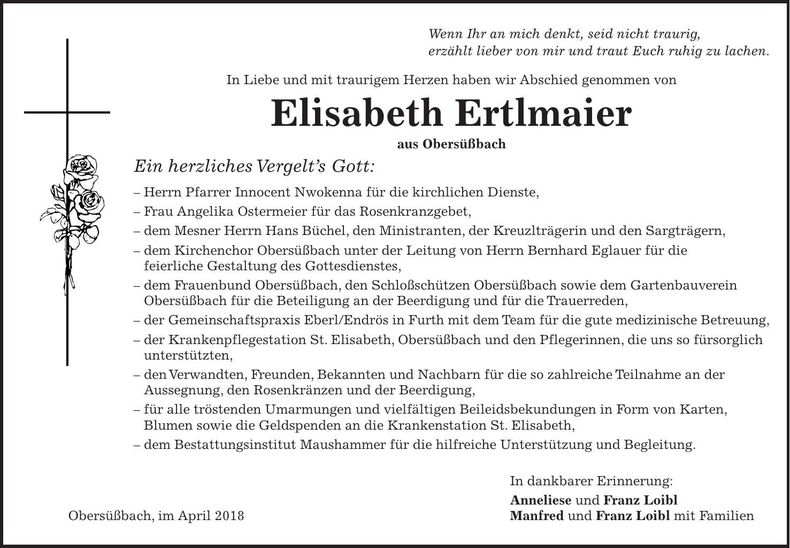 Traueranzeige Elisabeth Ertlmaier
