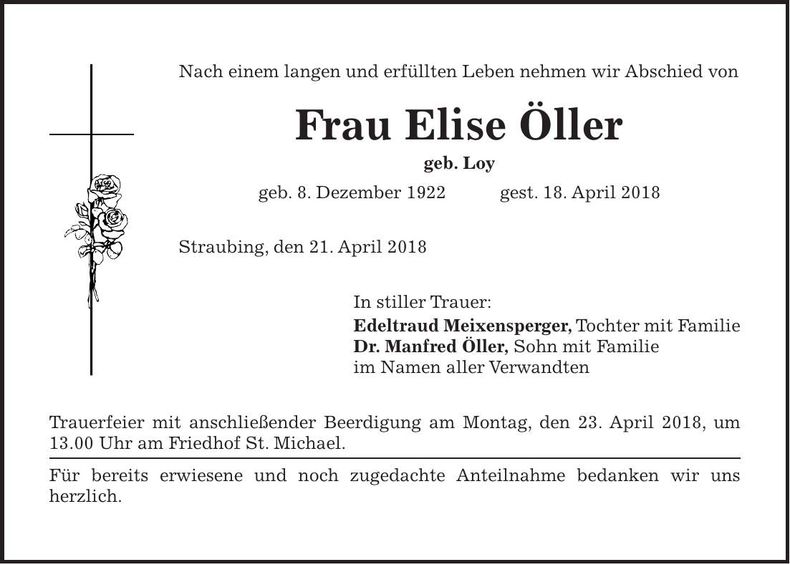 Traueranzeige Elise Öller