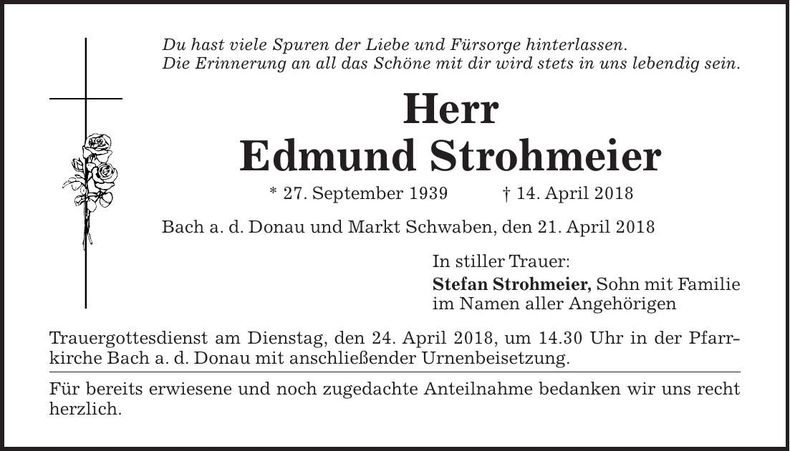 Traueranzeige Edmund Strohemeier