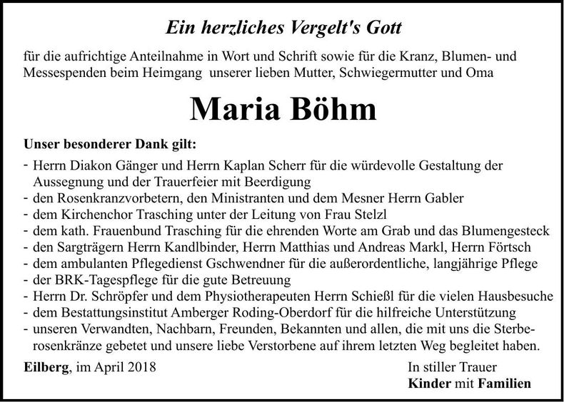 Traueranzeige Maria Böhm