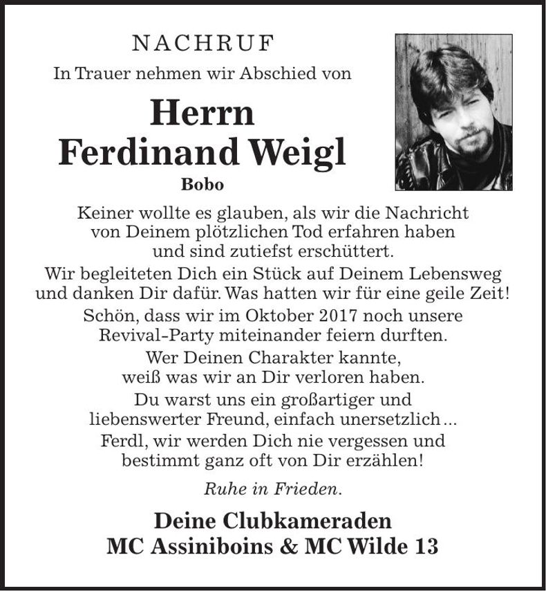 Traueranzeige Ferdinand Weigl