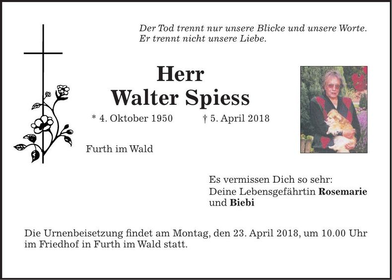 Traueranzeige Walter Spiess