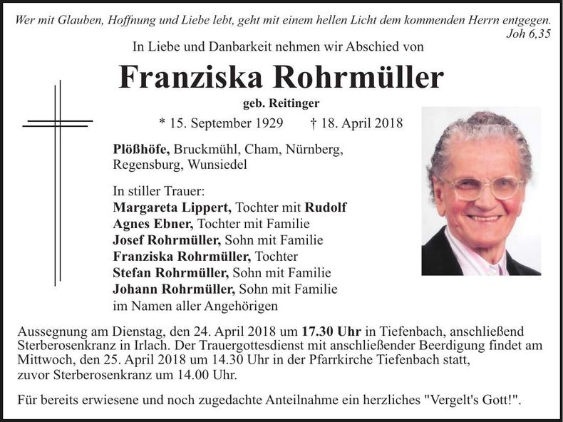 Traueranzeige Franziska Rohrmüller