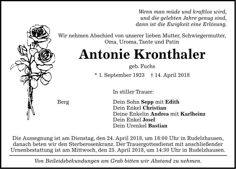 Traueranzeige Antonie Kronthaler