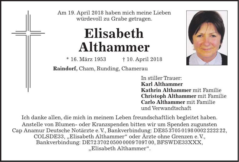 Traueranzeige Elisabeth Althammer