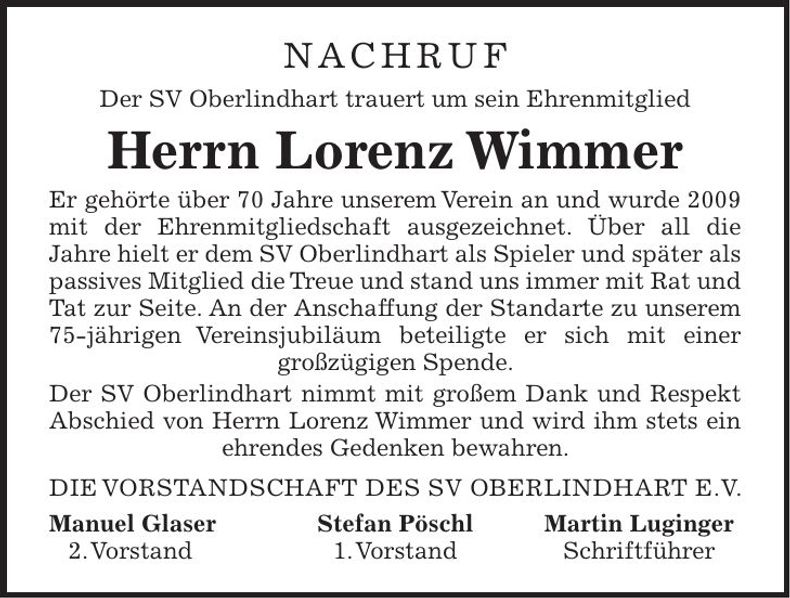 Traueranzeige Lorenz Wimmer