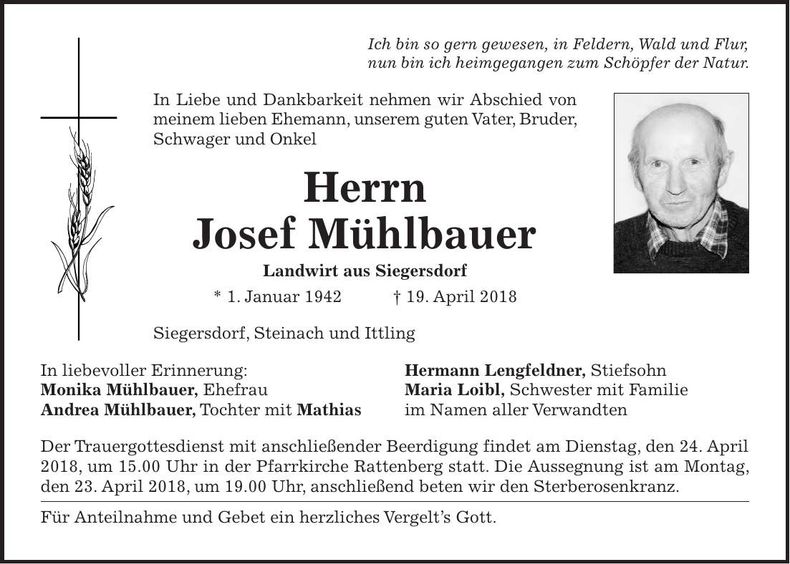 Traueranzeige Josef Mühlbauer