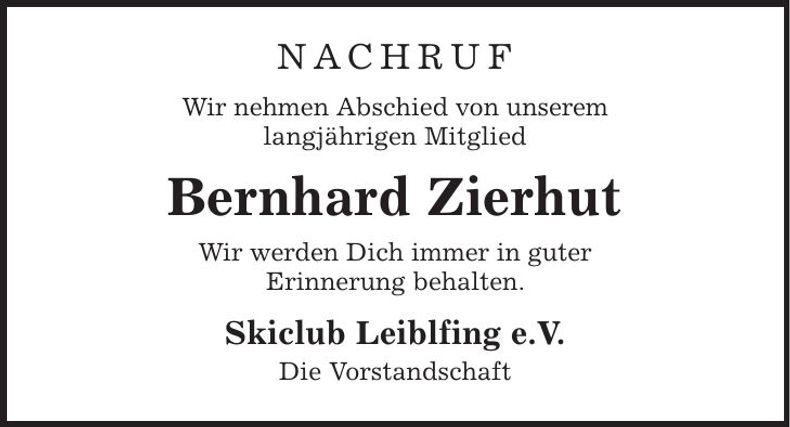Traueranzeige Bernhard Zierhut