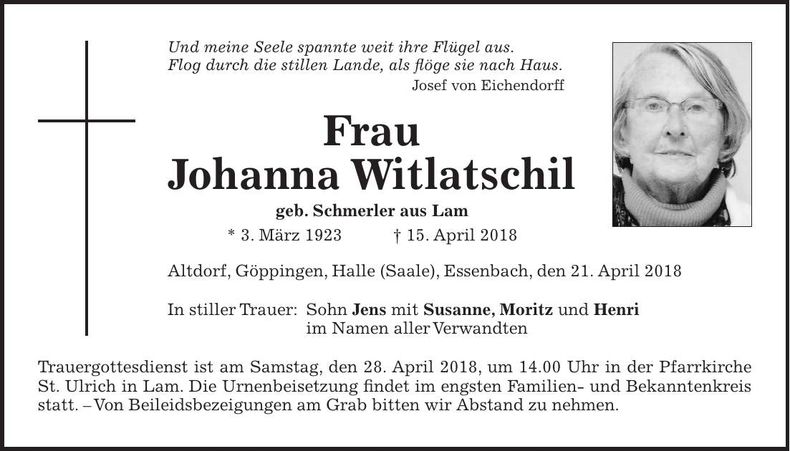 Traueranzeige Johanna Witlatschil
