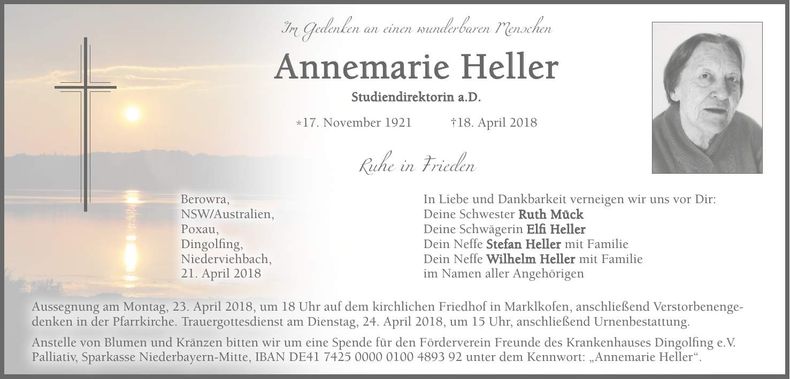 Traueranzeige Annemarie Heller