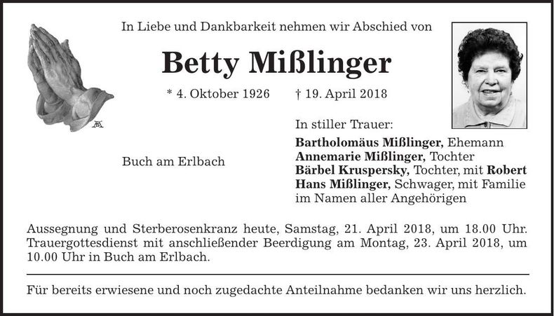 Traueranzeige Betty Mißlinger