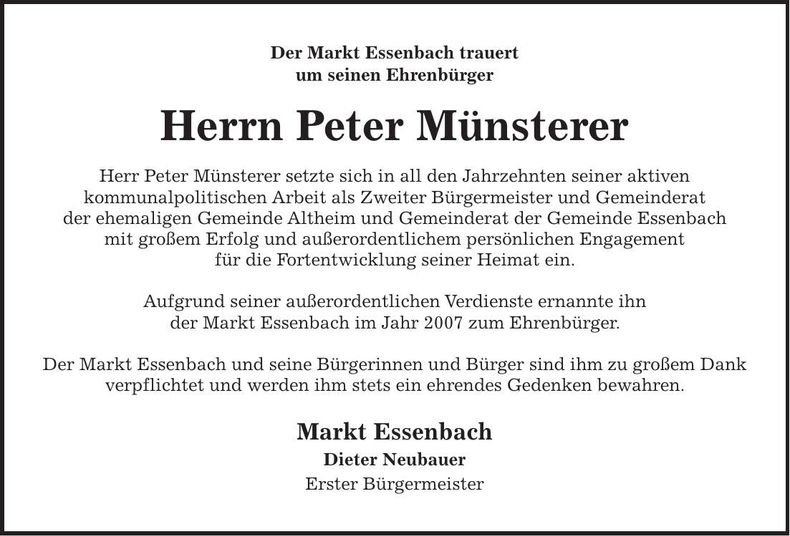 Traueranzeige Peter Münsterer