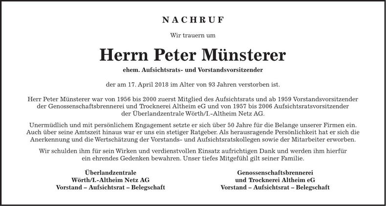 Traueranzeige Peter Münsterer