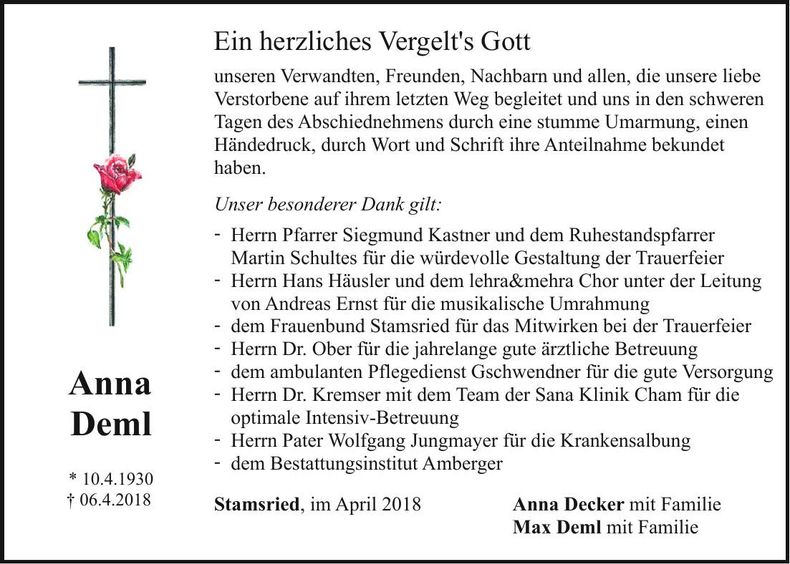 Traueranzeige Anna Deml