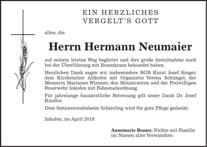 Traueranzeige Hermann Neumaier