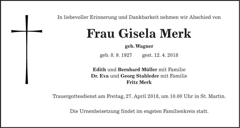 Traueranzeige Gisela Merk