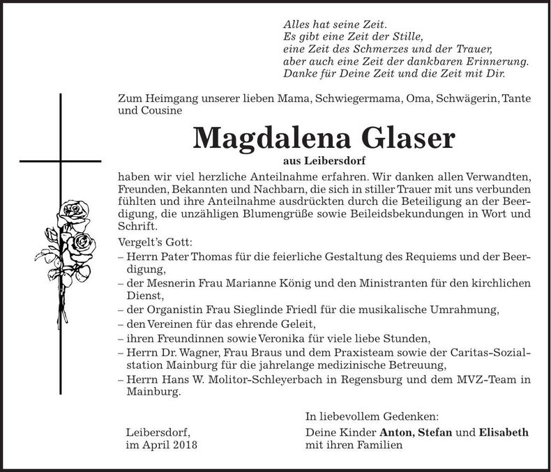 Traueranzeige Magdalena Glaser