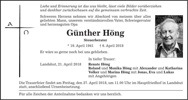 Traueranzeige Günther Höng