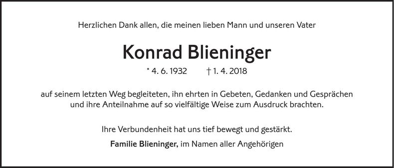 Traueranzeige Konrad Blieninger