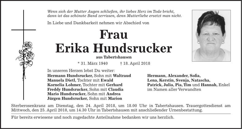 Traueranzeige Erika Hundsrucker