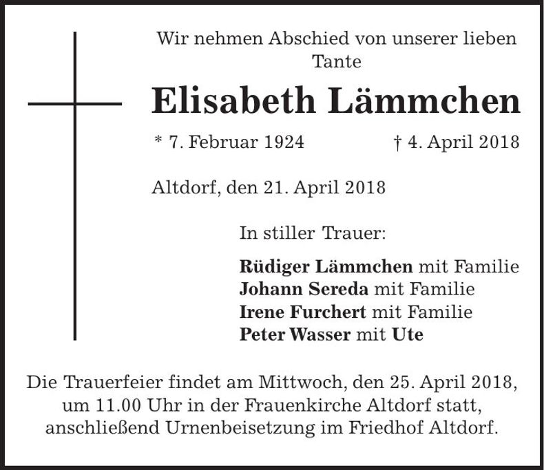 Traueranzeige Elisabeth Lämmchen