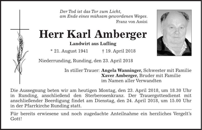 Traueranzeige Karl Amberger