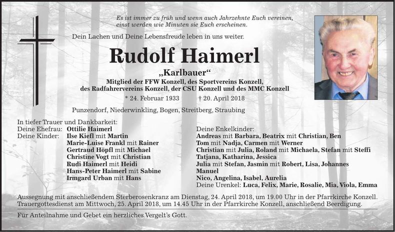 Traueranzeige Rudolf Haimerl