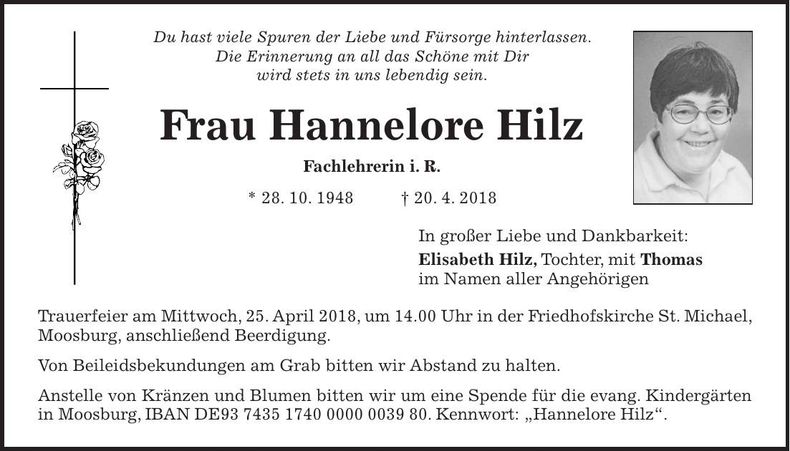 Traueranzeige Hannelore Hilz