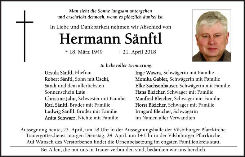 Traueranzeige Hermann Sänftl