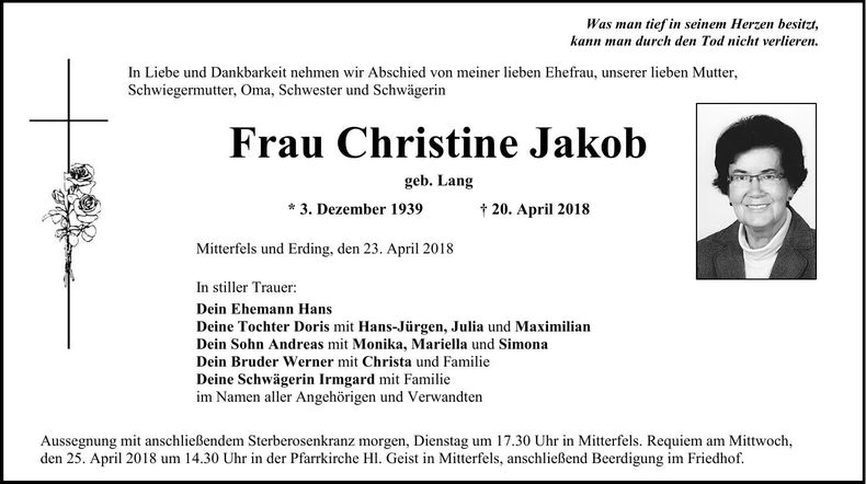 Traueranzeige Christine Jakob
